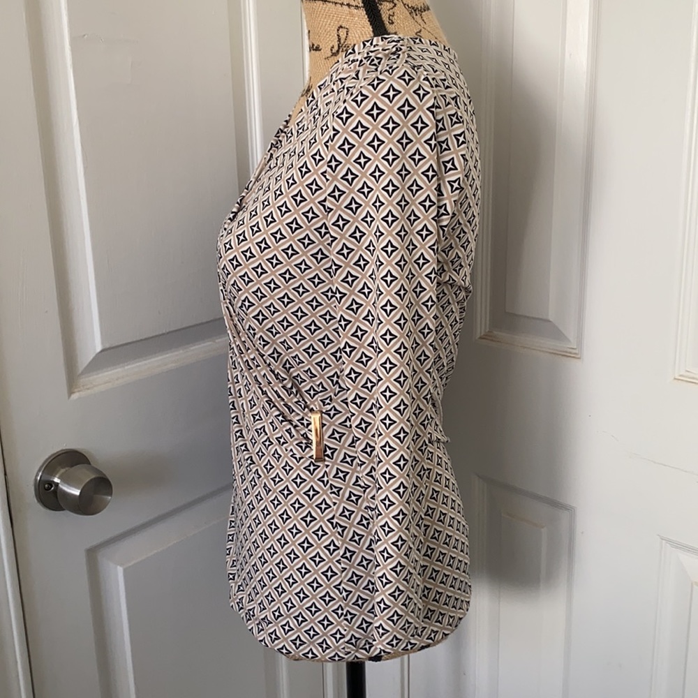 Tan/White/Black Patterned 3/4 Sleeve Faux-Wrap Top - Picture 3 of 4
